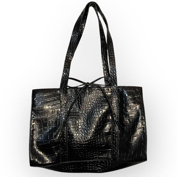 Liz Claiborne Faux Leather Handbag Women's Black Croc Embossed Bow Purse Casual - Picture 1 of 16